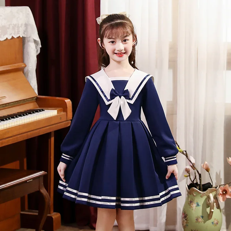 Children clothes from 3-12 yrs girls dresses Autumn Winter teen Sailor Collar Knit dress for Girl clothes Kids teens costume