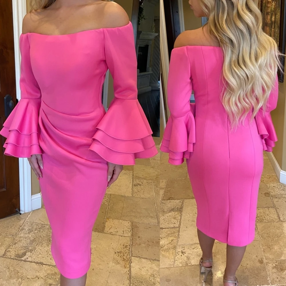 Pink Cocktail Party Dress Long Bell Sleeves Junior Lady Pageant Winter Formal Event Hoco Gala Graduation Gown Off-Shoulder