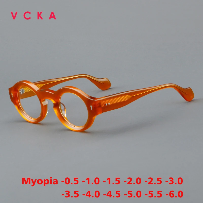 

VCKA Round Acetate Myopia Men Women Glasses Frame Vintage Prescription Intensification Custom Optics Retro Eyewear -0.50 to -10