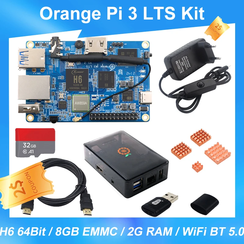 

Orange Pi 3 LTS H6 64Bit 8GB EMMC 2G RAM WiFi BT 5.0 Optional Logo Case Power Heatsink HDMI-compatible Cable TF Card OPI 3LTS