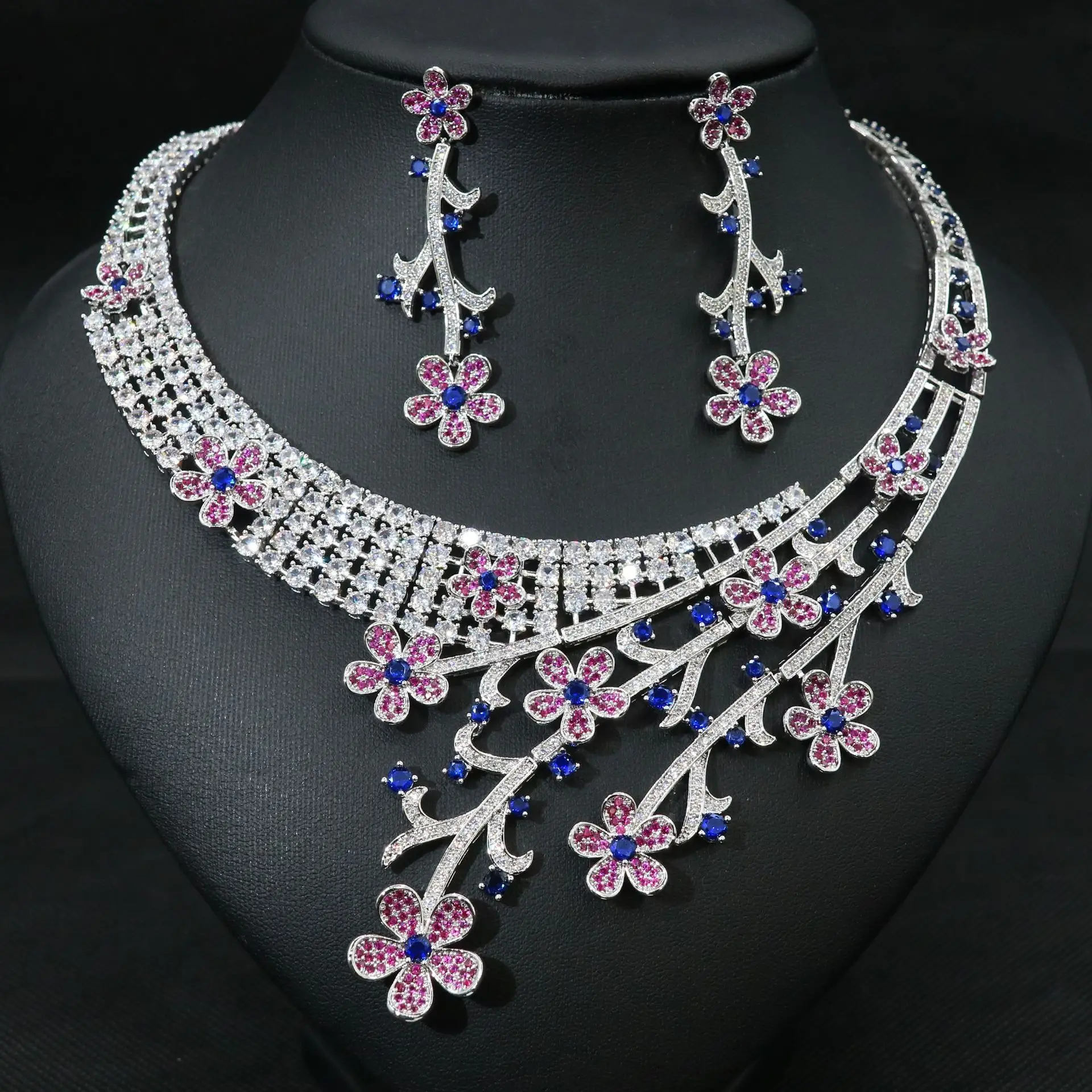 2024 Hot sale New fashion vintage ROMANTIC green blue red purple flowers necklace earring set wedding party birthday jewelry