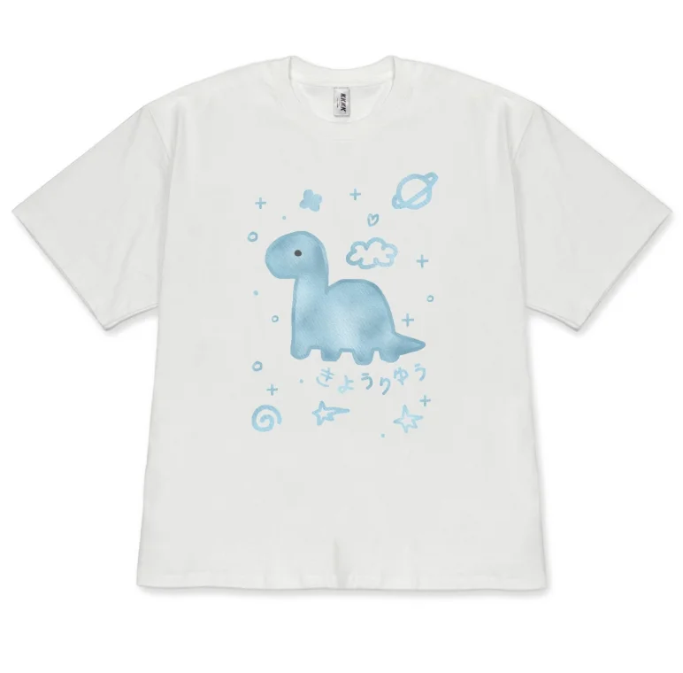 Minimalist Cute Dinosaur Doodle Graphic T-Shirt Kawaii Space Print Short Sleeve Casual Tee for Women Men Korean Versatile
