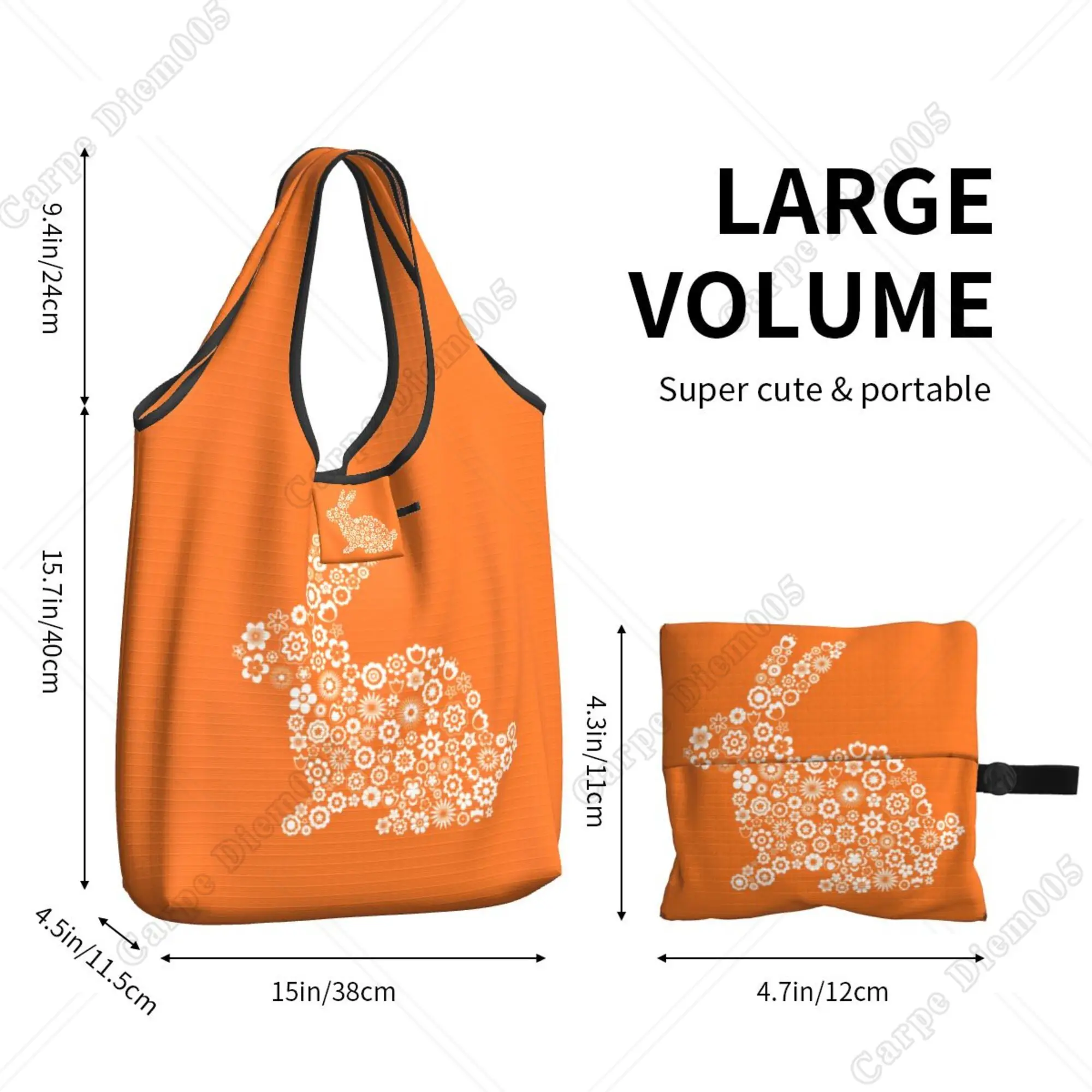 Easter Bunny Floral Orange Folding Shopping Bag Portable Tote Bag Recyclable Grocery Bags for Men Women Outdoor Shopper