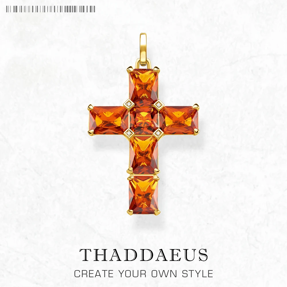 Golden Cross With Orange Stones Pendant Brand New Fine Jewelry Europe 925 Sterling Silver Accessories Gift For Woman