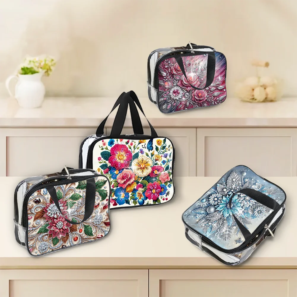 One-piece set, diamond painting floral makeup bag, with handle zipper design, essential for travel and vacation