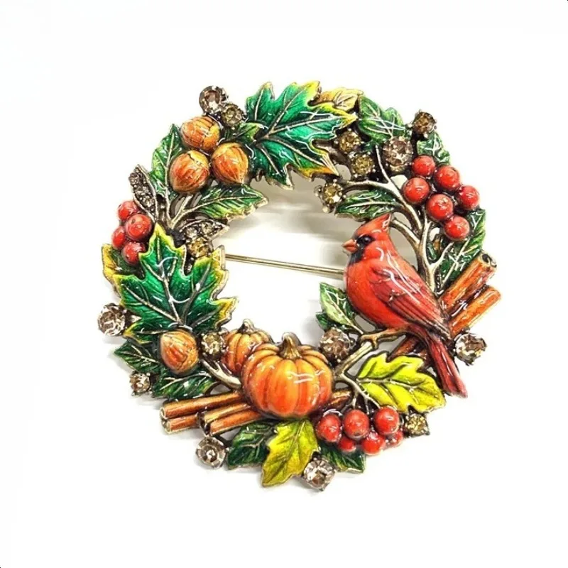 Enamel Autumn Wreath Brooches Cardinal Bird Blue Jay Pumpkin Berry Leaf Wreath Pins Thanksgiving Jewelry