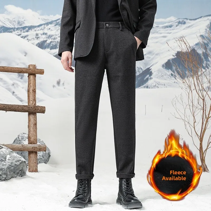 

Men's Woolen Fce Lined Casual Straight Leg Pants Autumn Winter Faion Urban Sle Nine Points Trousers Premium Feeling