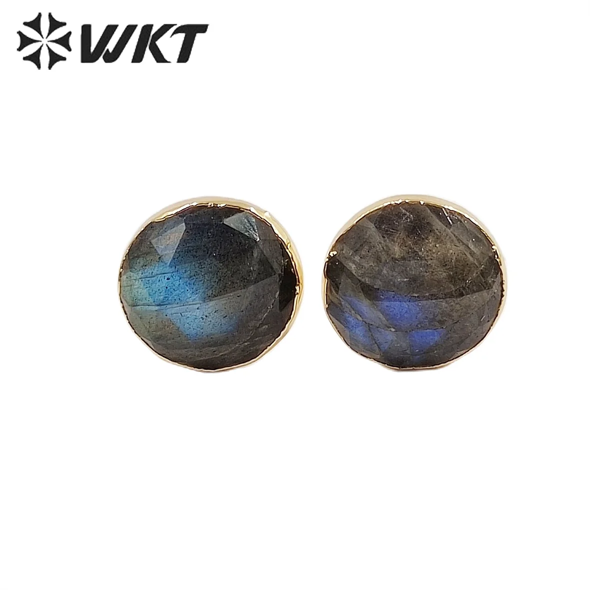 

WT-E151 Lovely hot sale sparkly natural labradorite round stud stone with gold dipped multi color stone fashion earrings