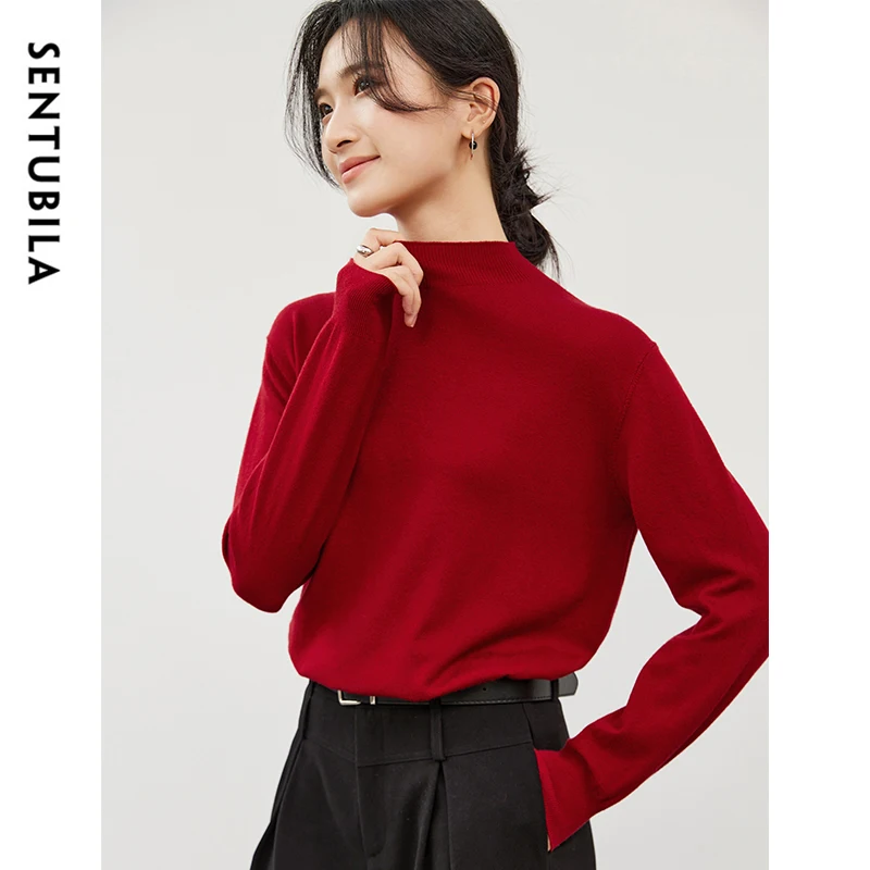 

SENTUBILA Knitted Red Pullovers for Women Autumn Casual Loose Half High Collar Long Sleeve Pretty Women's Sweaters W43H56573