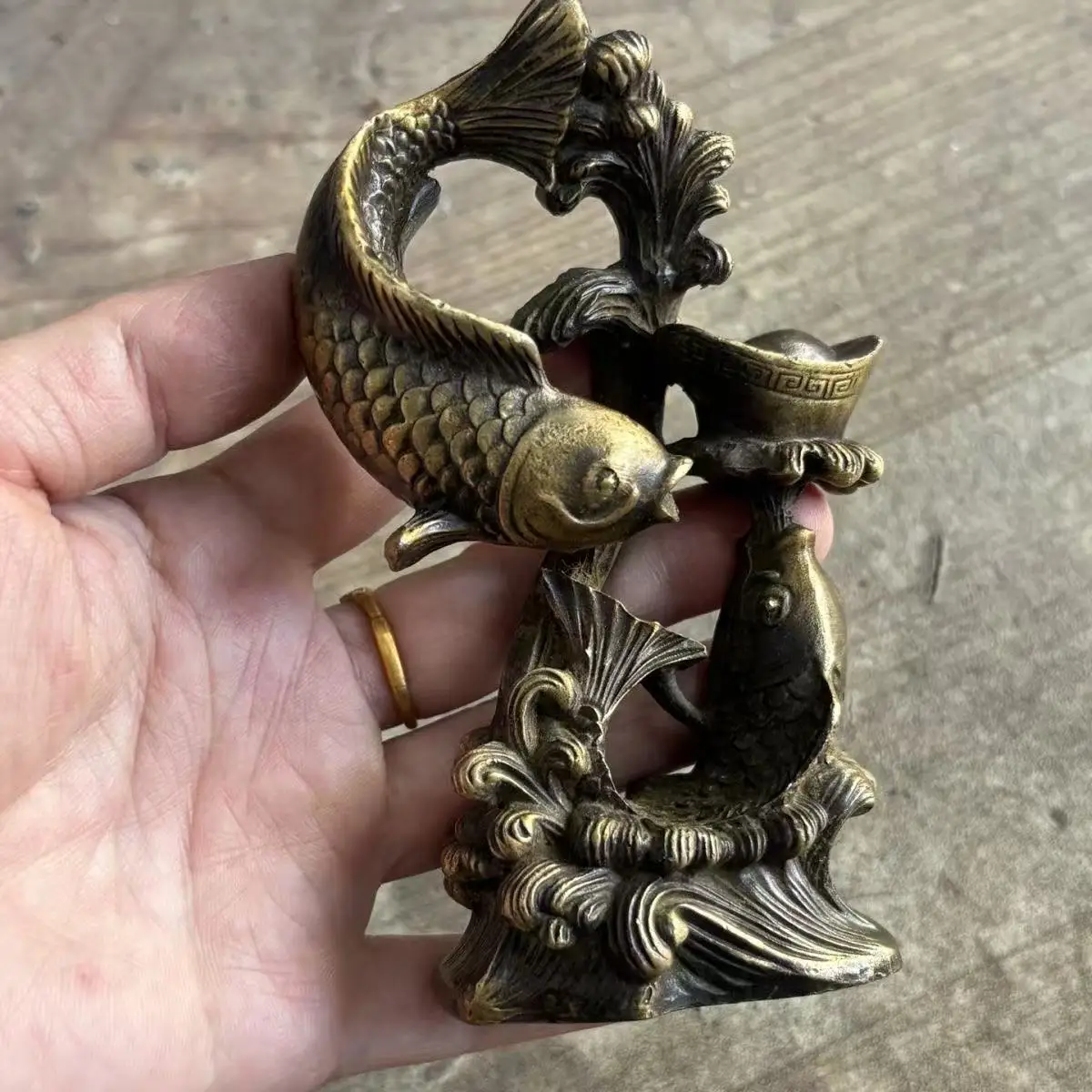 Old copper Qing Dyansty copper fish send money Statue, Free shipping