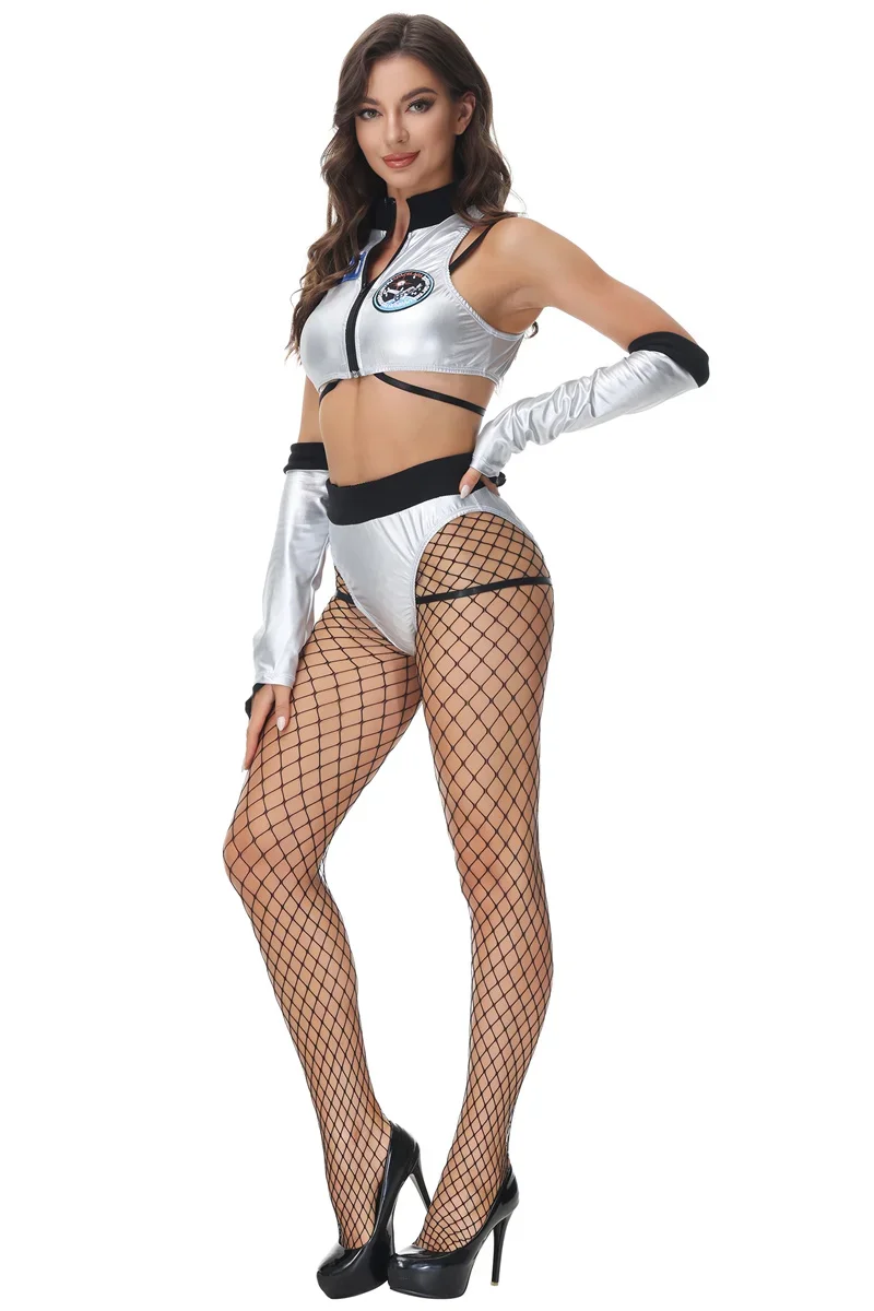 Fantasia de astronauta sexy para mulheres, traje espacial prateado, cosplay Purim de Halloween, festa pilotos espaço vestir, boate mascarada