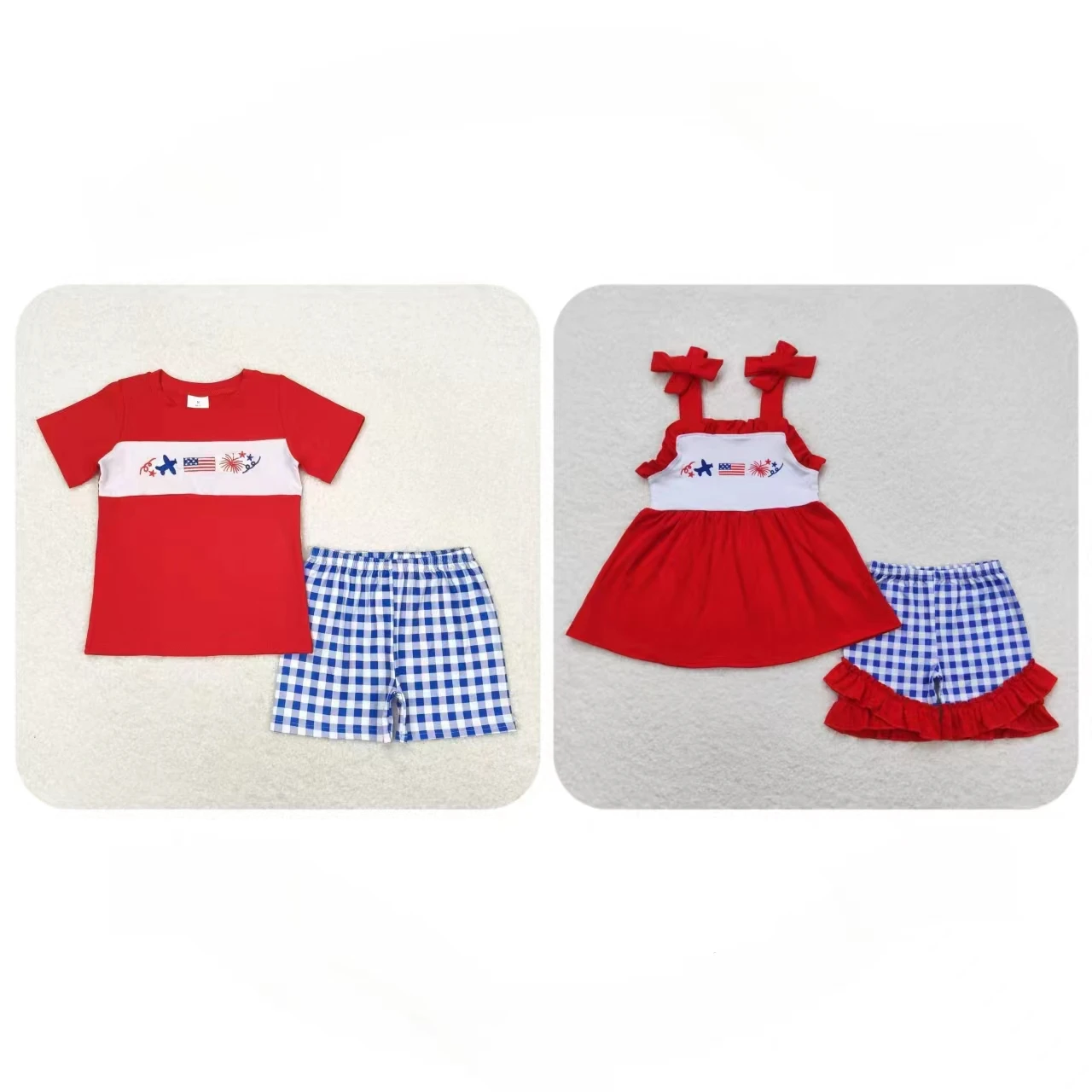 

Wholesale July 4th Kids Summer Embroidery Flag Red Tops Toddler Set Children Blue Plaid Shorts Matching Baby Boy Girl Outfit