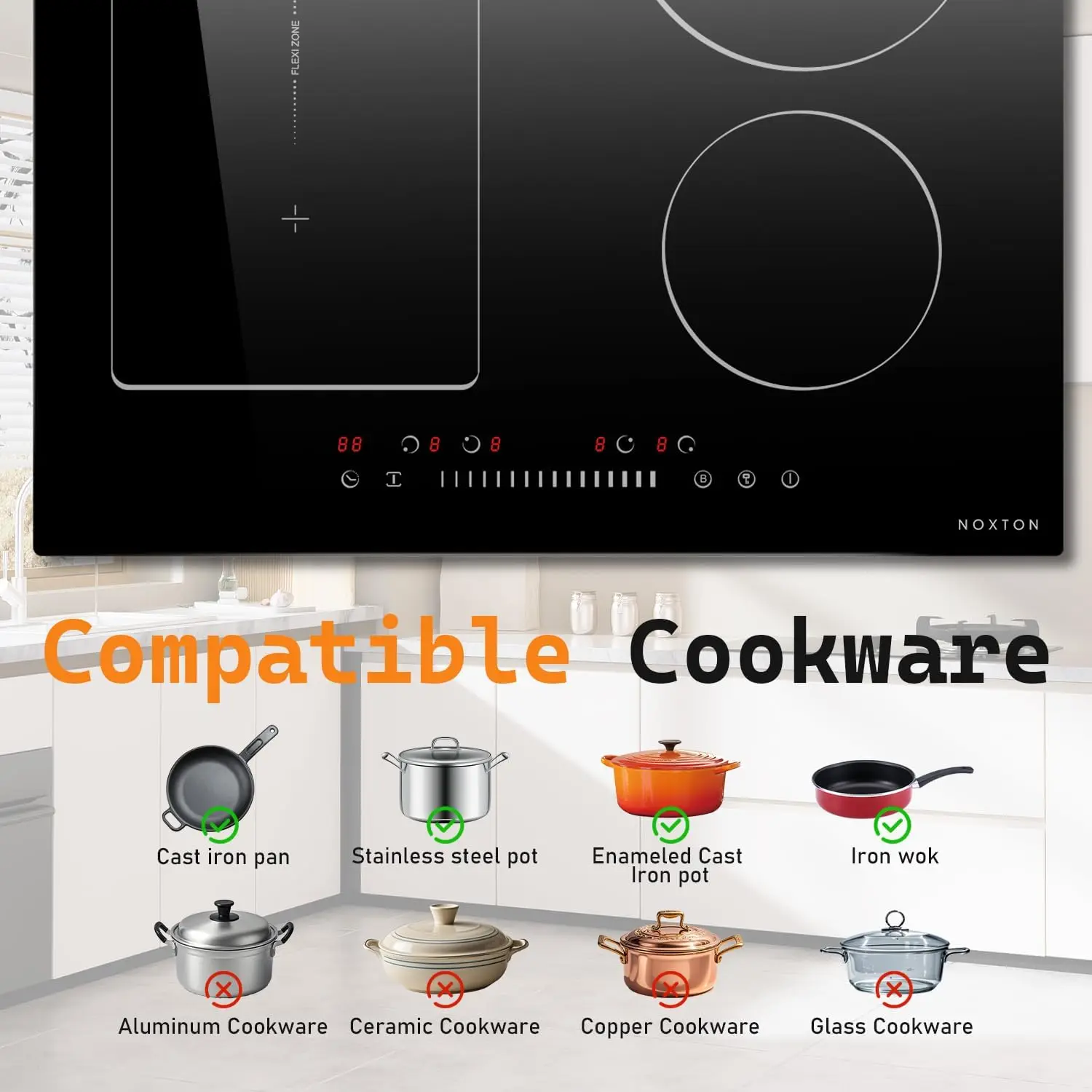 NOXTON 24Inch Induction Hob, 4 Burners with Flex Zone, Power Boost, Pause, 9 Power Levels, Safety Lock, 7200W, 240V Hard wired