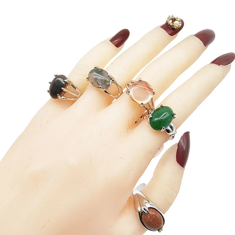 20 teile/los Großhandel Bunte Oval Naturstein Finger Ringe Für Frauen Böhmen Mix Stil Silber Farbe Hohl Legierung Metall Schmuck – Detail 12