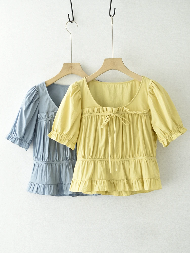 

Summer New Square Collar Cotton irt with Tie ort Sve Bubble Sve Slimming Waist Design Commute Sle Pure Color Top