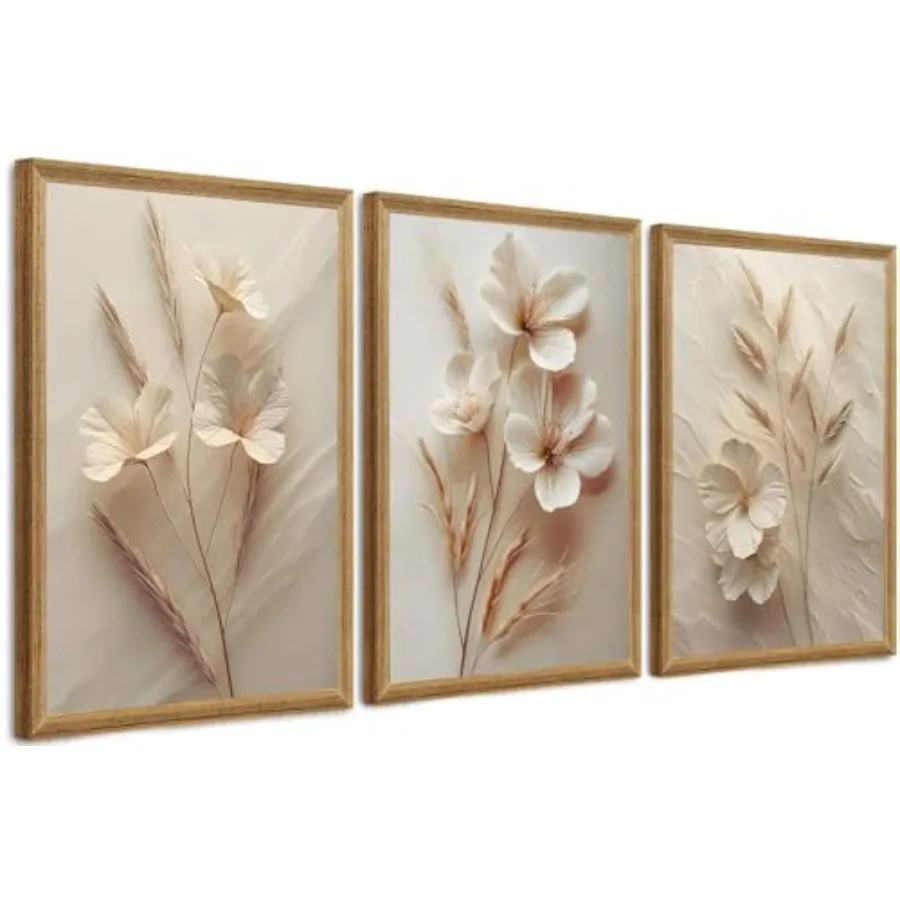 3Pcs Framed Neutral Beige Floral Canvas Wall Art Modern Simple Texture Plant Painting Wall Decor Vintage Flower Poster Prints f