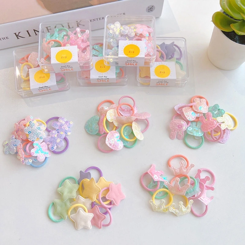 10pcs/Box Baby Girls Cute Sequin Flower Heart Crown Elastic Rubber Band Hair Rope Children Mini Hair Tie Kids Headwear Accessory