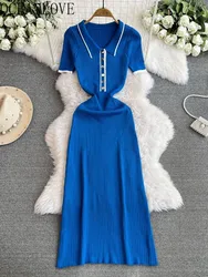 OCEANLOVE Knitted Spring Summer Long Dresses Contrast Color Fashion Vintage Sexy Vestidos Elegant Stripes Buttons Women Dress