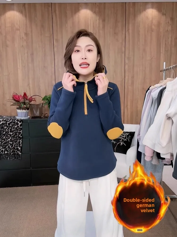 

Autumn Double-Sided Fce Warm Base irt Women's Hooded Color Blo f Zipper Sweatirt Faionable Korean Design