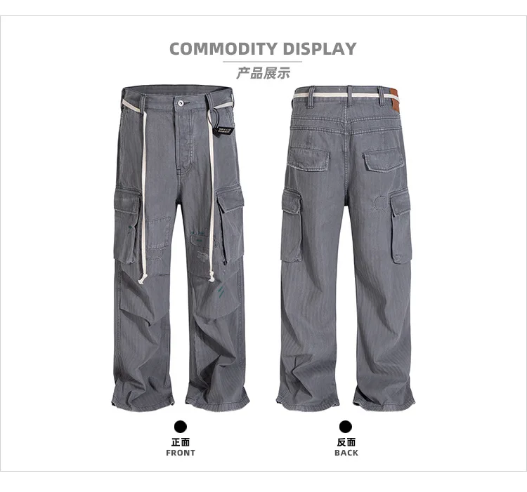 MIJKO Patched Paint Multi-Pocket Work Pants Tie Belt Folded Knees Gray Long Pants ZJ165