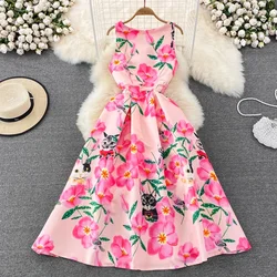 Summer Retro Light Luxury Pink Floral Printed Sleeveless Elegant Long Prom Party Dress vestidos  women wedding dresses