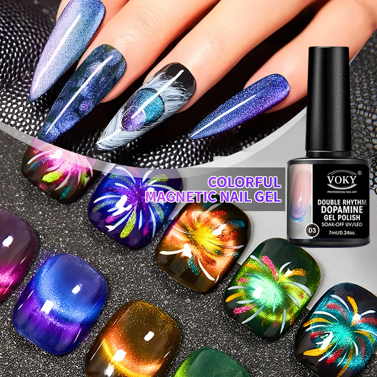 VOKY 7 STKS Dubbele Kleur Cat Eye Gel Nagellak Set, 6 kleuren UV-gel + zwarte basisgel + magnetische stick, en DIY nail art