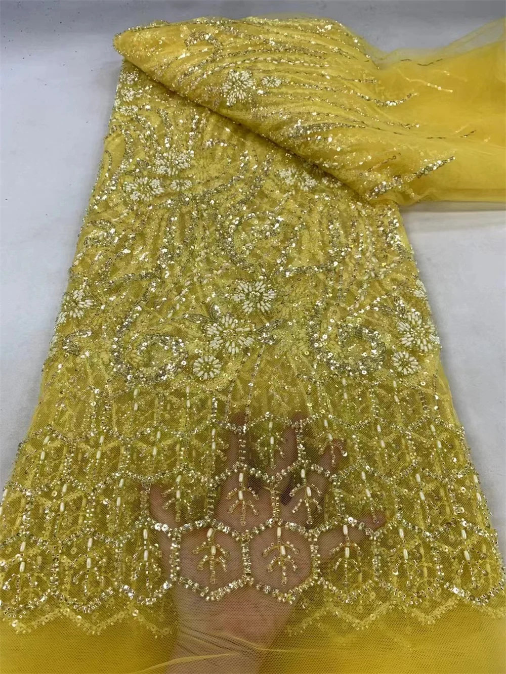 

5yards yellow Nigerian Handmade Beads Lace Fabric French Mesh Tulle Sequins Beaded Embroidery African Lace Sewing Materia