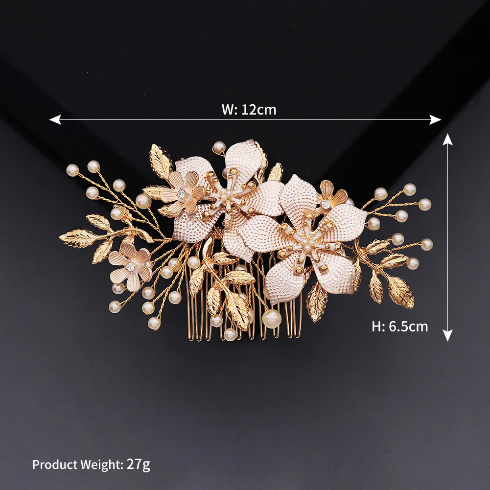 Golden Fashion Handmade Crystal Pearl Flower Hair Comb Luxury Metal Side Hair Clips Bridal Plate Hair Headdress Jewellery