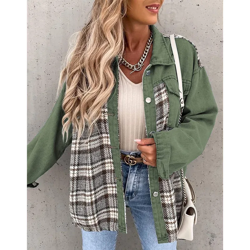 2023 New Winter Fashion Plaid Color Matching Trend Casual Shake Head Button Shirt Collar Versatile Commuting Style Denim Jacket