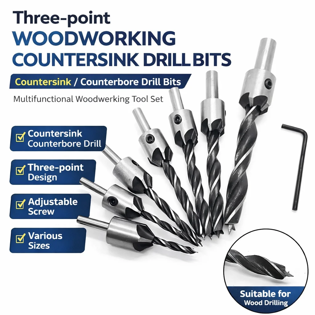 

4/7PCS 3 Point Woodworking Countersink Drill Bit Set, Reaming Chamfer Twist Drill Bits, 3/4/5/6/7/8/10mm Tool