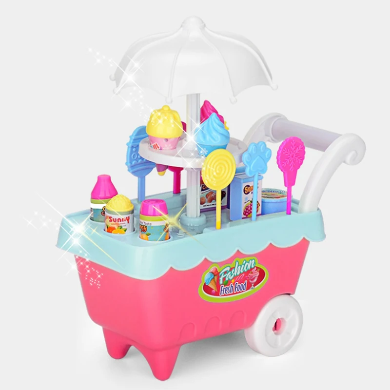 19Pcs Set With Lights And Music Children's Simulation Ice Cream Candy Mini Cart Girls Play House Toys Children's Puzzle Toys