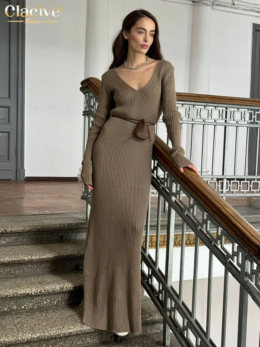 

Clacive Winter Loose Khaki Women's Dress 2025 Sexy V-Neck Long Sleeve Maxi Dresses Elegant Classic Solid Dress Female Clothing