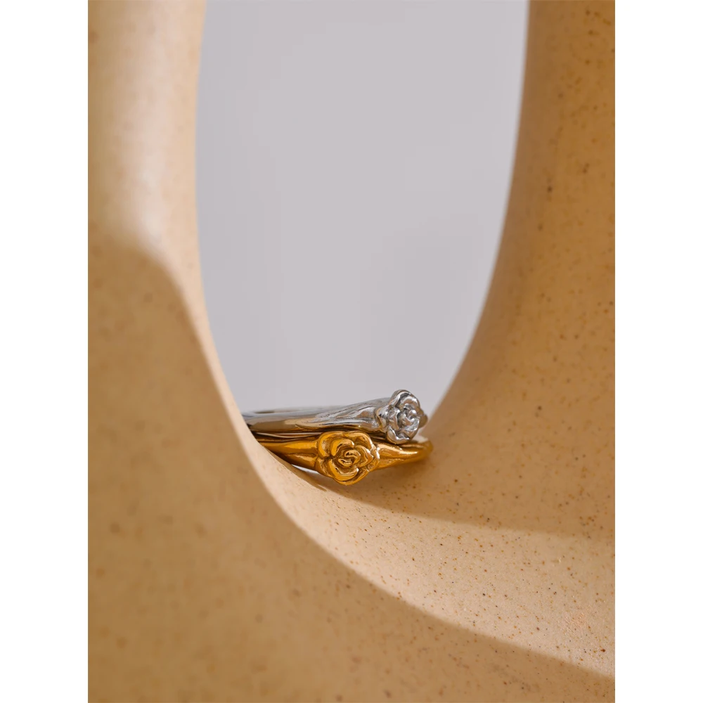 Yhpup 678# Fashion Stainless Steel Rose Flower Women Integrated Ring Gold Silver Color Jewelry Wholesale Accessories Gift