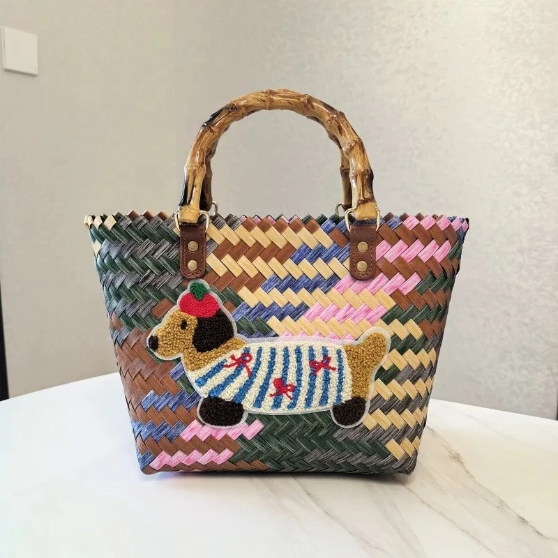 

Stripe Dachshund Bamboo Handle Woven Handbag,Summer Beach Vacation Travel Tote Bag,Large Capacity Shopper Boho Market Basket