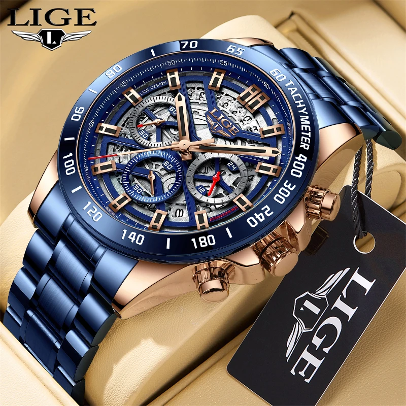 LIGE Chronograph Fashion Casual Men Watches Top Brand Big Dial Stainless Steel Calendar Quartz Wristwatch Man Classic Male Clock