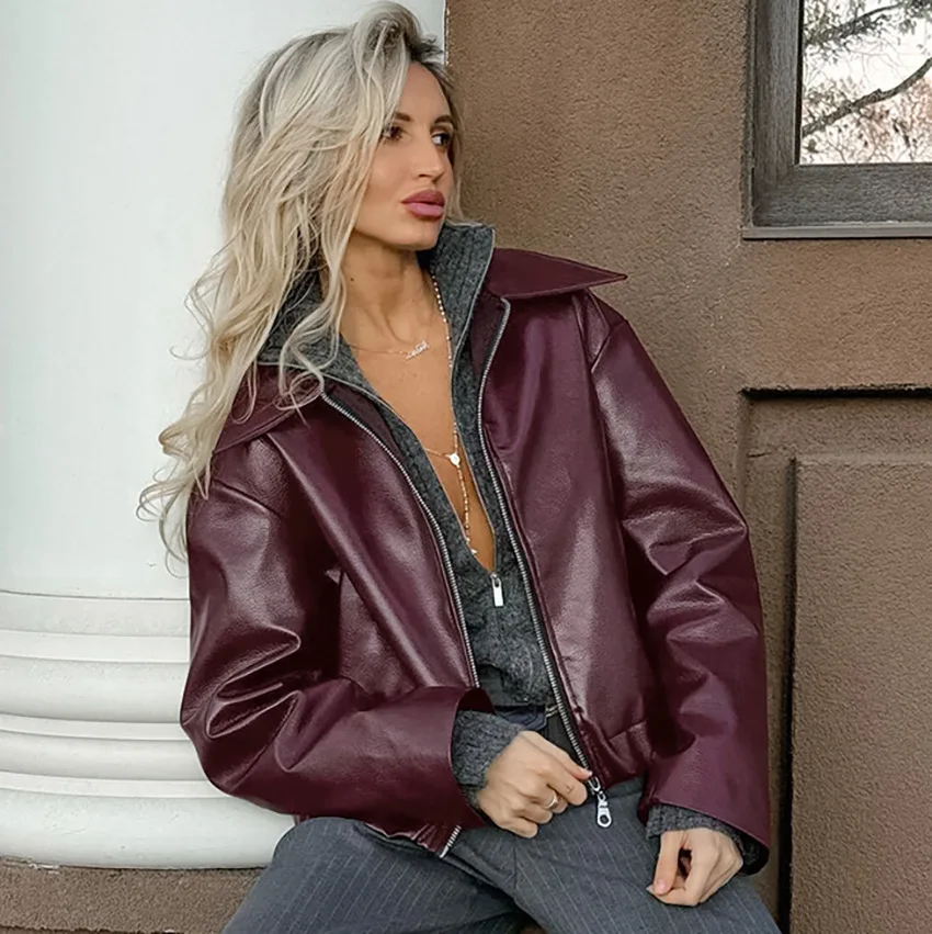 Motorcycle PU Leather Jacket Wine Red Lapel Loose Zipper Biker Leather Jacket Autumn Winter New Fashion Commute Women's Coat