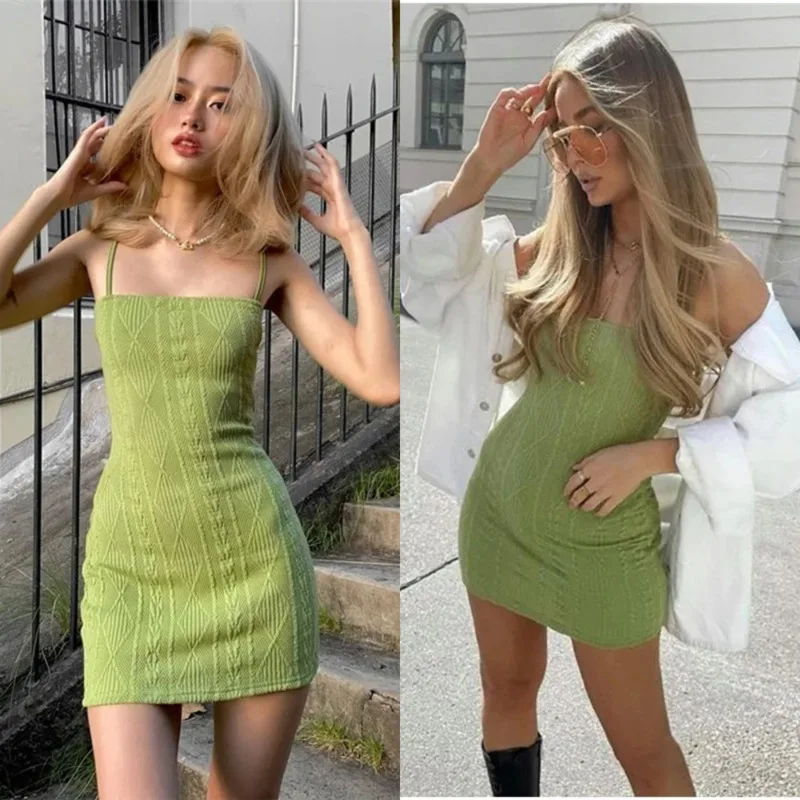 

Retro Knit Thin Shoulder Mini Dress Sexy Solid-color Slim-fit Spaghetti Strap Dress New Summer Trendy Women's High-waist Dress