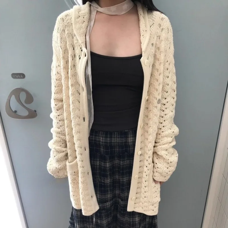 

Simple Office Lady Peter Pan Collar Japanese Cardigan Unique Embroidery Hollow Out Jumper Loose Long Sleeve Knit New Moda Mujer