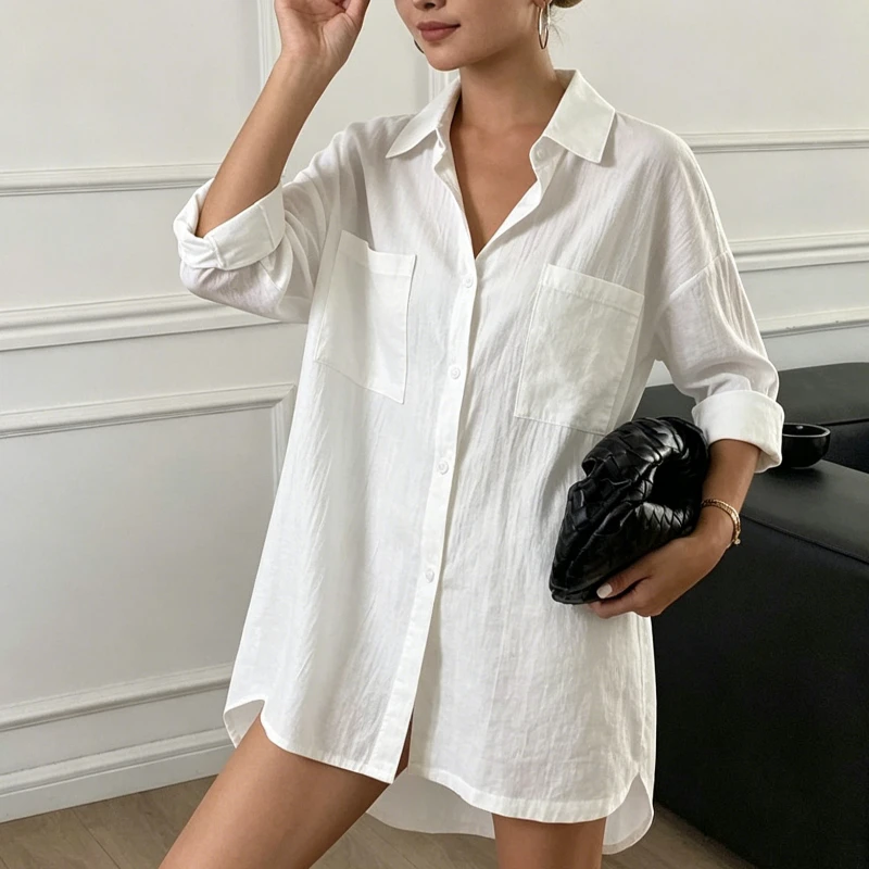 

Spring and Autumn Loose Irregular Women Long Shirts New Plus Size Long Sleeve Blouse Lapel Oversize Casual Pockets Shirt