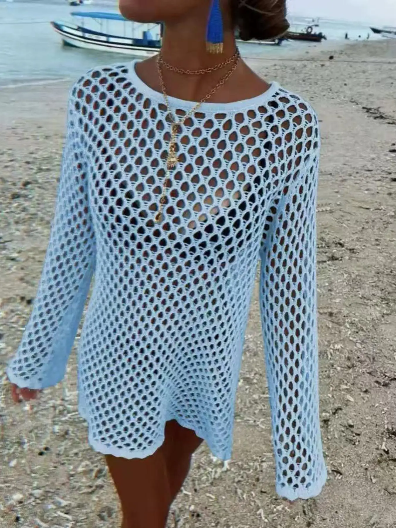 Beach Style Hollow Out Bikini Cover-Up,Round Neck Knit Long Sleeve Casual Dress, Fitted Plain Design,Perfect for Summer Holiday
