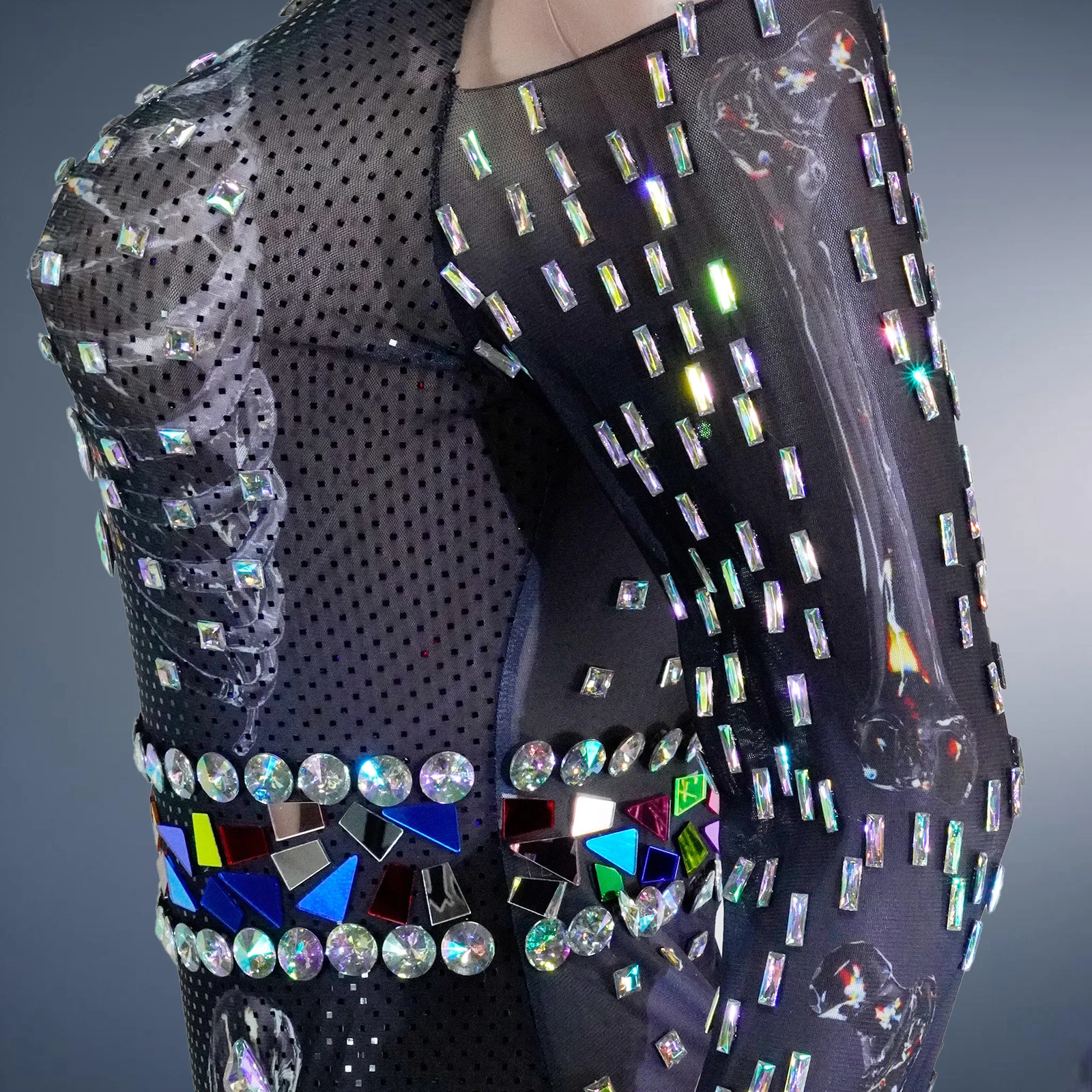 여성 원피스 바디수트 메쉬 크리스탈 라인스톤 스팽글 오프숄더 긴팔 바디콘 클럽웨어 드랙퀸 골드 댄스 의상