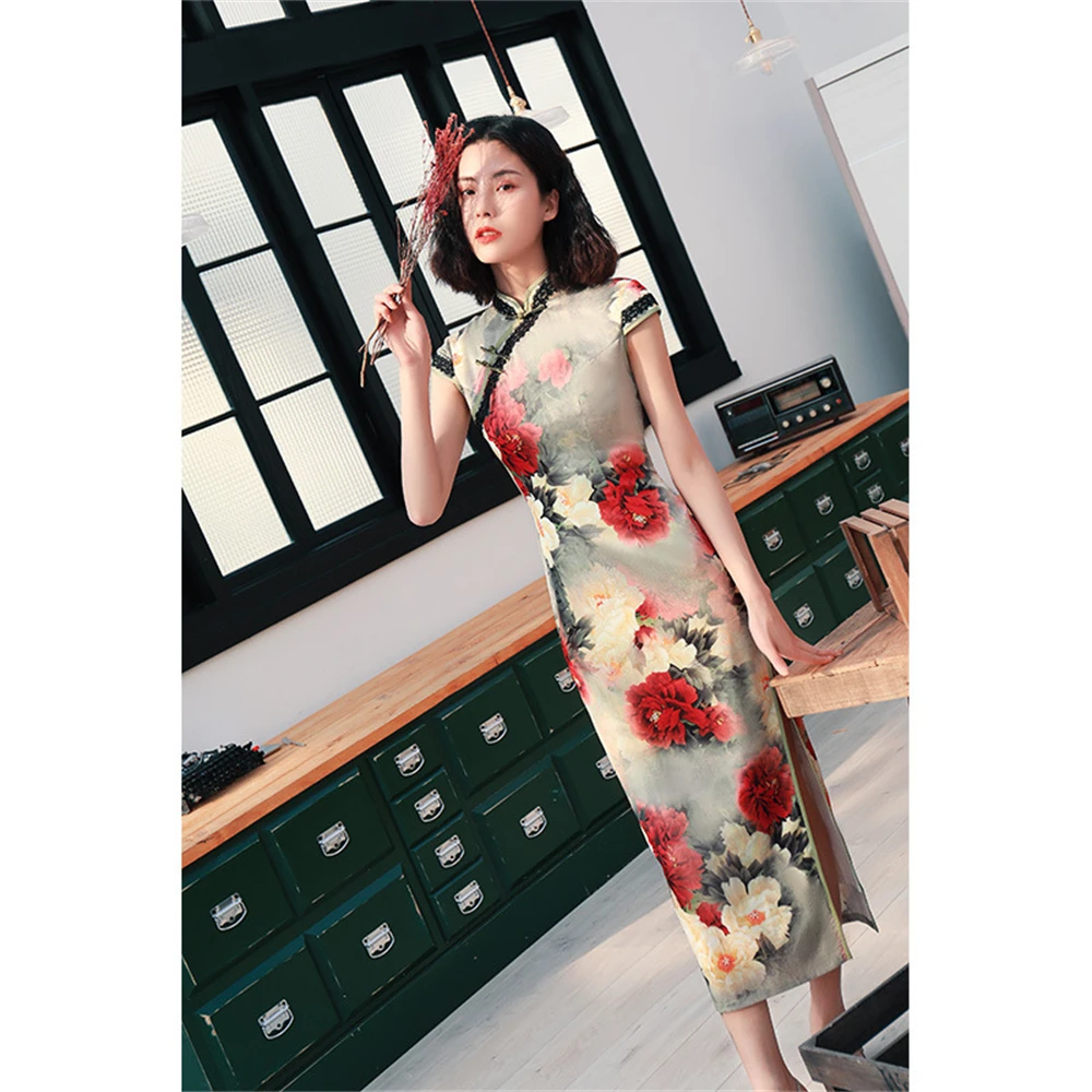 

Women Long Cheongsam New Improved Banquet Party Gown Temperament Slim Printed Qipao Slit Oriental Evening Vintage Dress Chinoise