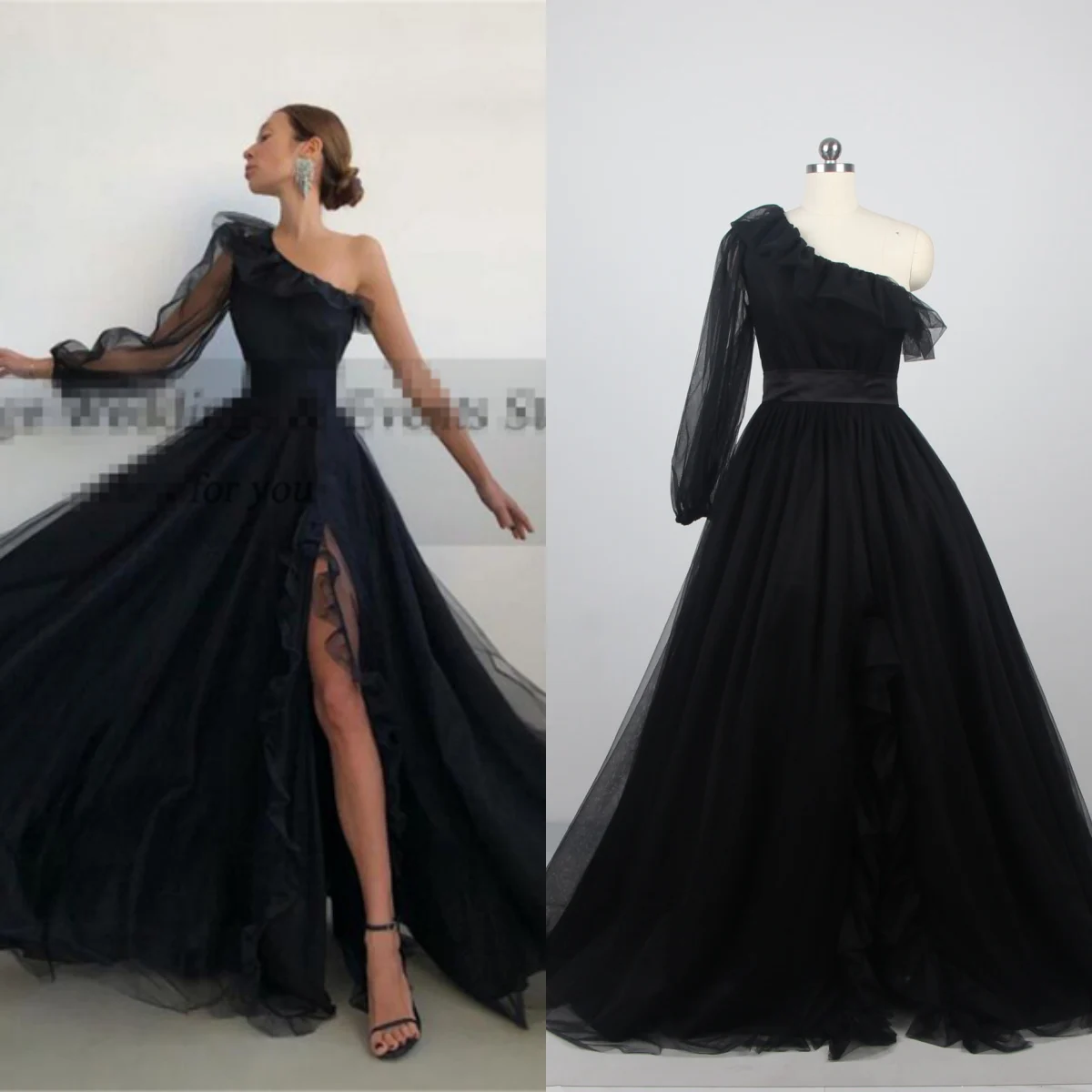 

It's Yiiya Evening Dress Ruched One-Shoulder Full Sleeves Sexy Floor-Length Luxurious A-Line lus size Women Formal Gown H996