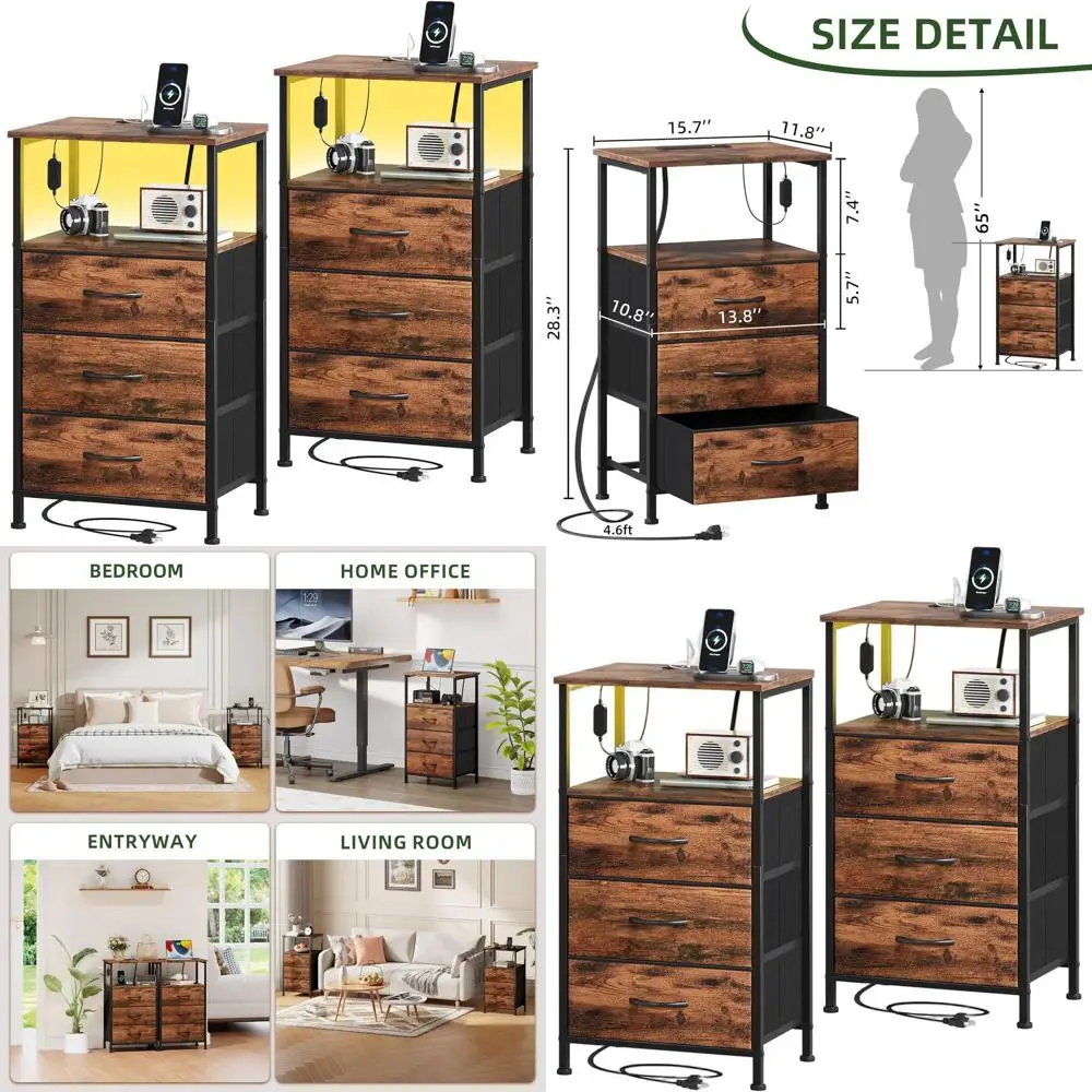 Pair of Modern Nightstands with Charging Dock and LED Lights, 3-Drawer Bedside Tables, Wood-Textured End Tables for Various Room