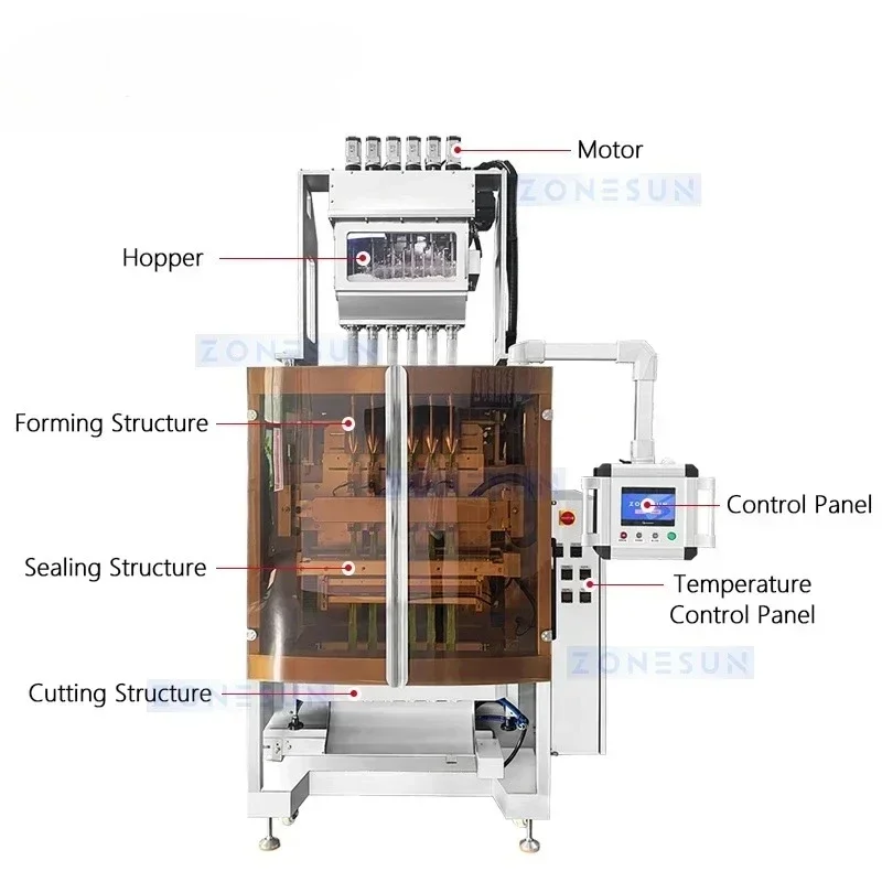 Zonesun Maszyna do napełniania proszkami ślimakowym dozownikiem, pionowa maszyna do formowania, napełniania i zamykania, maszyna do pakowania w saszetki, maszyna do zamykania torebek plastikowych ZS-FSFM6