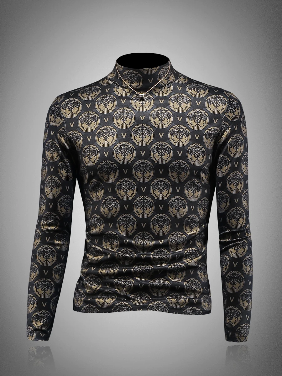 

Ele Men's Long Sve T-irt f High Collar Drapey mid Collar Base irt Sli Autumn Top Versatile Faionable Base...