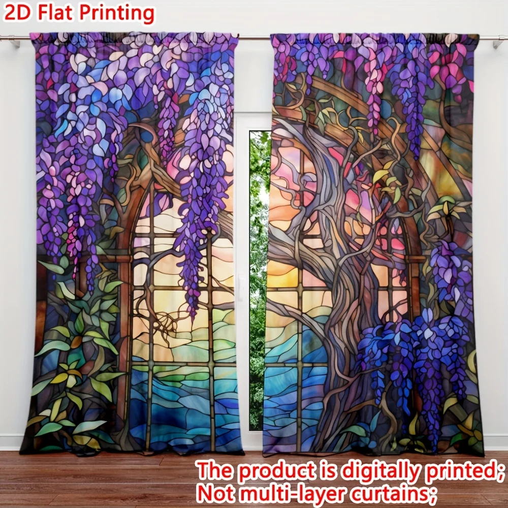 Stained Glass Wisteria Curtains, Floral Arch Print Blackout Drapes Garden Fantasy Decor for Living Room Bedroom Window Treatment