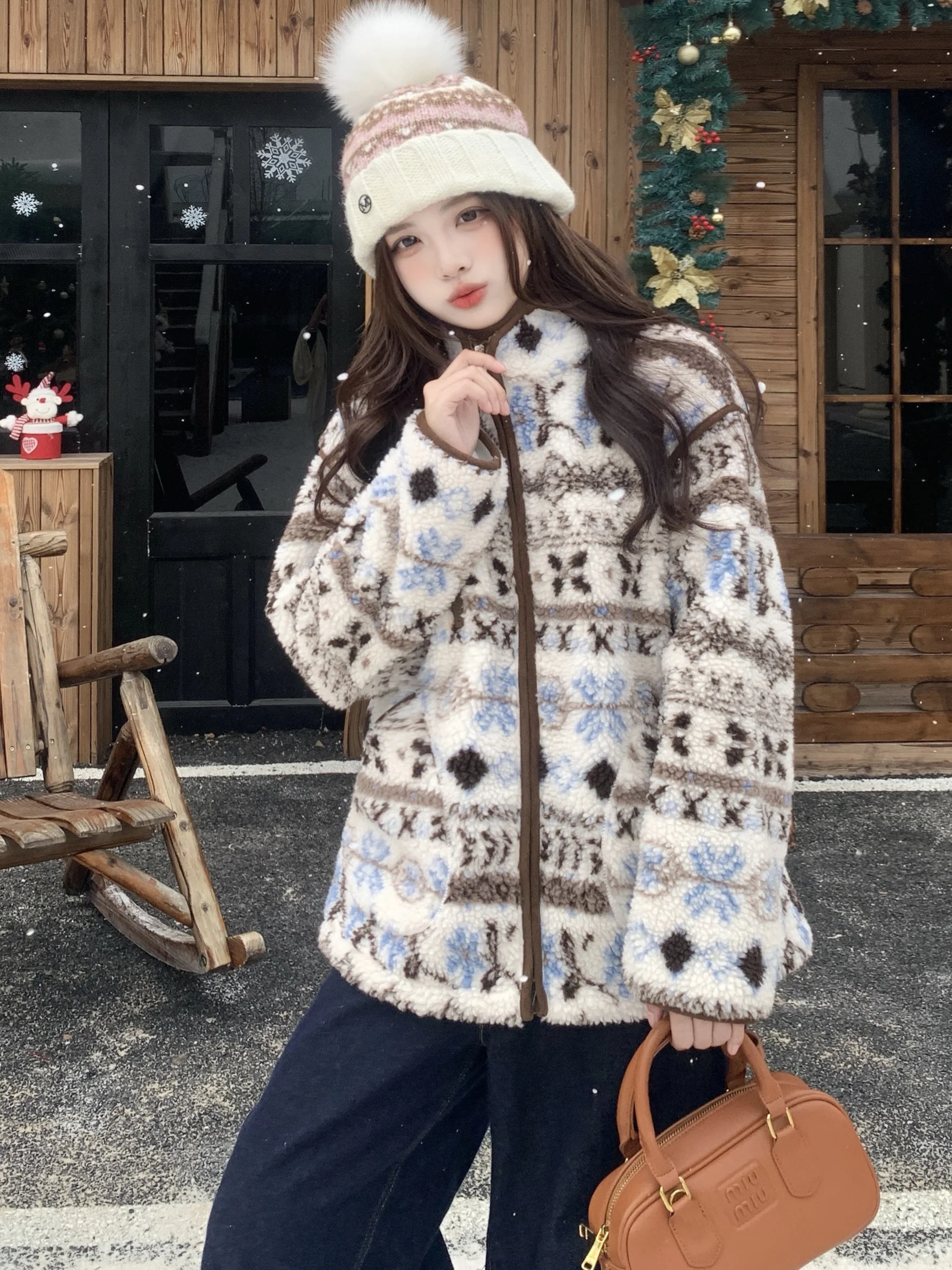 

Сводная вязаная куртка больших размеров, женская бархатная куртка с воротником-стойкой и вышивкой из ягненка, зимняя повседневная верхняя одежда