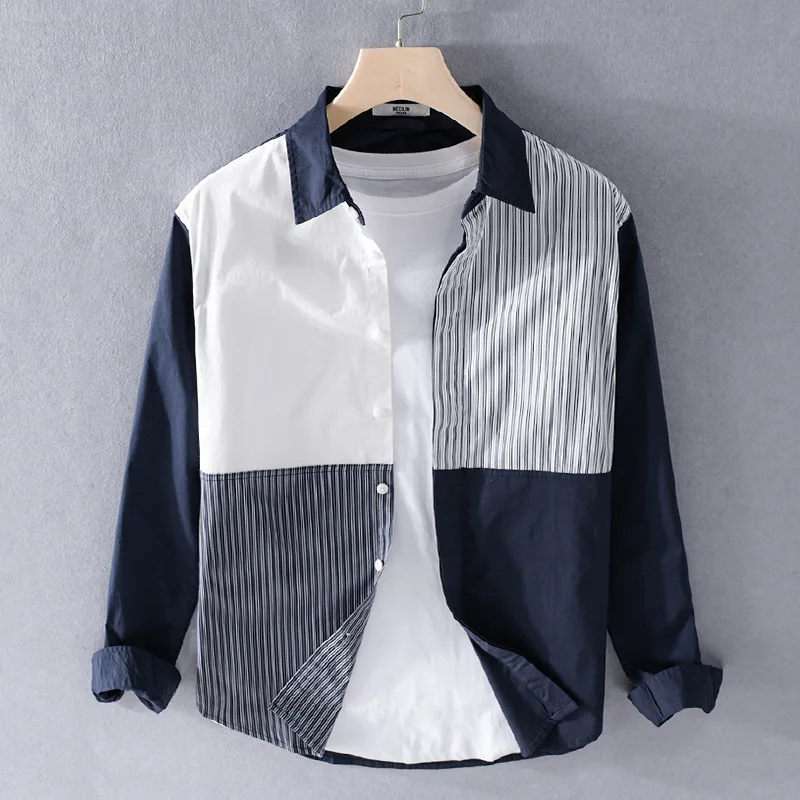 

Spring Autumn New Men's Patchwork Cottton 100% Shirts Long Sleeve Loose Casual Men Stripe Turn-down Collar Tops Clothes