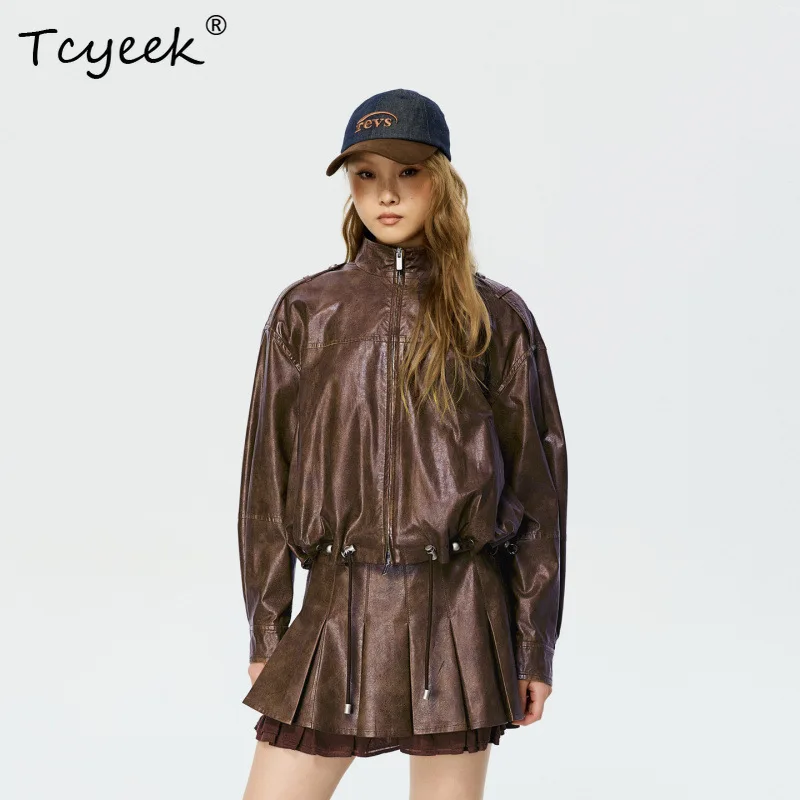 

Tcyeek Real Leather Jacket Women Motocycle Jackets Top Layer Sheepskin Coat Loose Fit Spring Autumn Clothes Streetwear Women